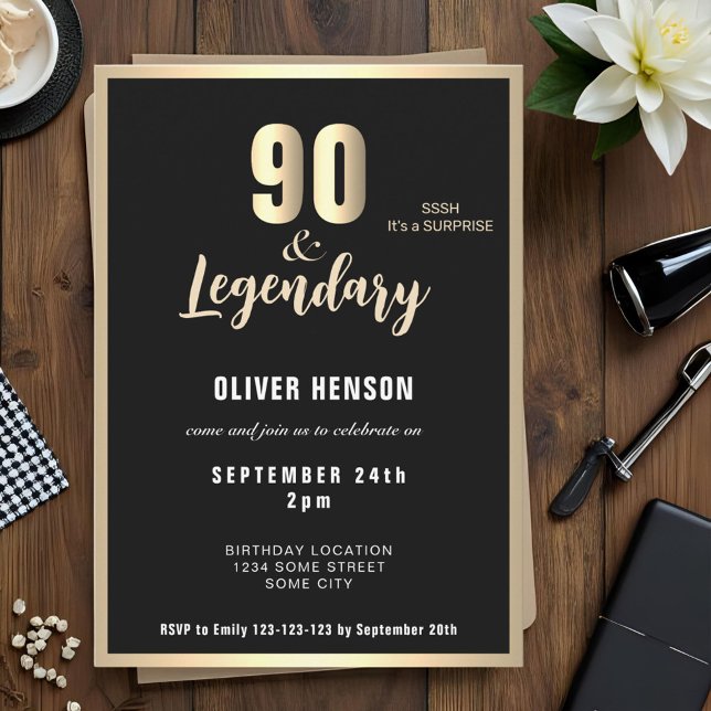 Invitation Modern Gold Metallic Surprise 90th Birthday  (Créateur téléchargé)
