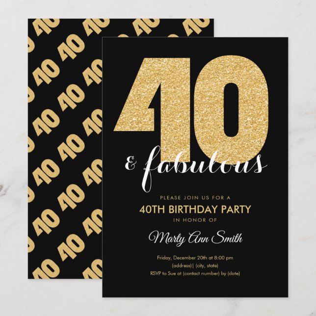 Invitation Modern Gold Parties scintillant 40 & Fabuleux fête (Devant / Derrière)