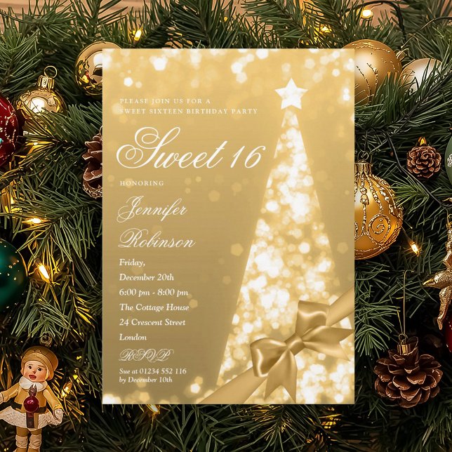 Invitation Modern Gold Xmas Tree Bow Sweet 16 Birthday Party (Modern Gold Xmas Tree Bow Sweet 16 Birthday Party Invitation)