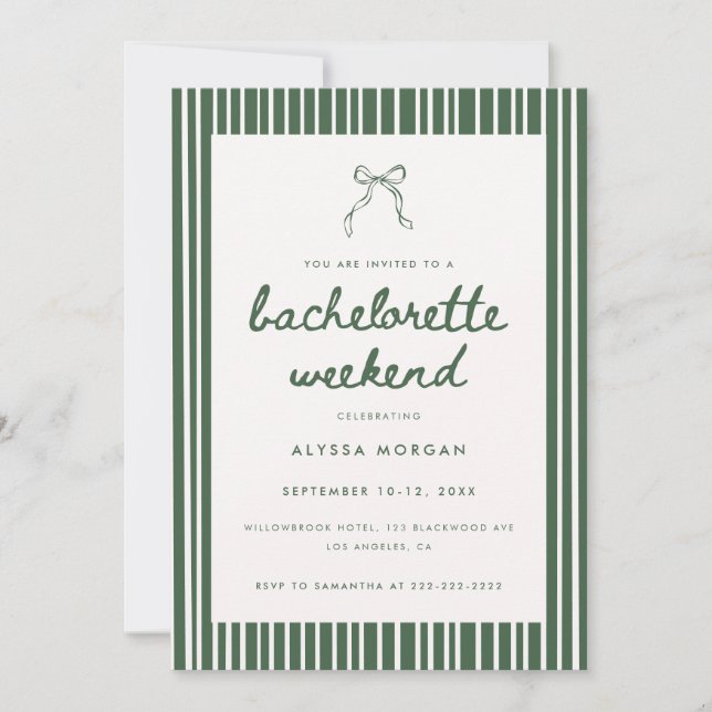 Invitation Modern Green Coquette Bow Bachelorette Weekend (Devant)