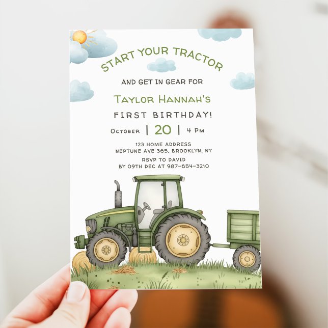 Invitation Modern Green Tractor 1st Birthday Party (Créateur téléchargé)