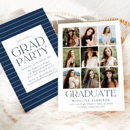 Invitation Modern Grid Navy 9 Photo Collage Party de graduati