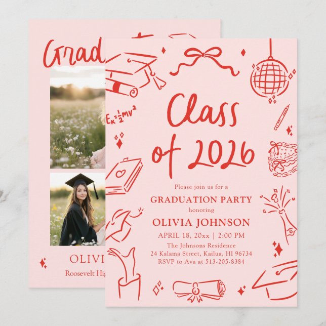 Invitation Modern Hand Drawn Class of 2026 Graduation Party (Devant / Derrière)