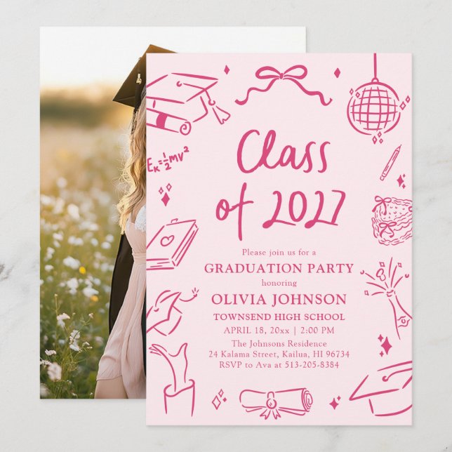 Invitation Modern Hand Drawn Class of 2027 Graduation Party (Devant / Derrière)
