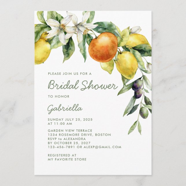 Invitation Modern Handwritte Script Citrus Bridal Shower (Devant)