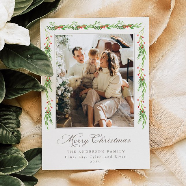 Invitation Modern Holly Garland Merry Christmas Photo Card (Créateur téléchargé)