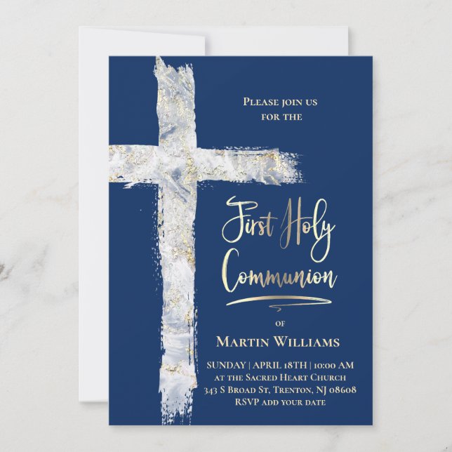 Invitation modern Holy cross on blue | First Communion (Devant)