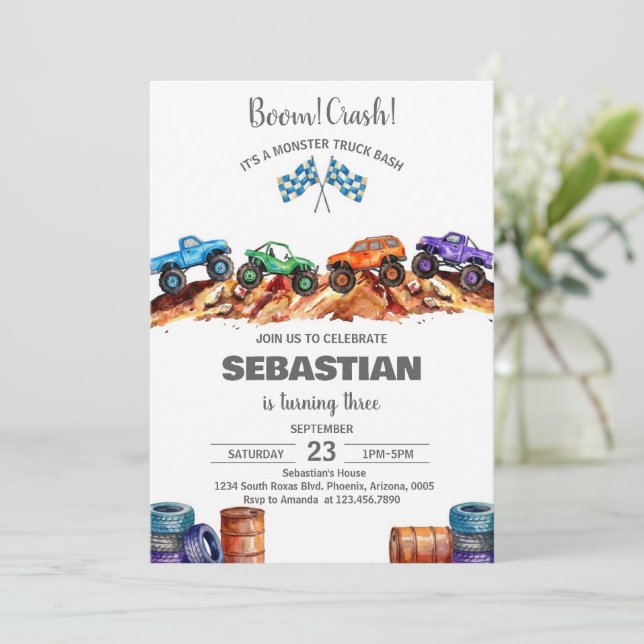 Invitation Modern Kids Monster Trucks Birthday Party (Debout devant)