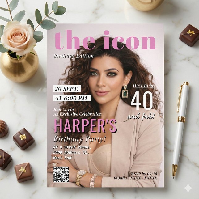 Invitation Modern Magazine Cover Photo Birthday Party (Make your birthday celebration headline news with this chic and modern magazine cover invitation! )