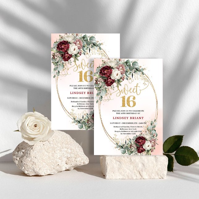 Invitation Modern Maroon Floral Gold Sweet 16 Birthday Party  (Modern Maroon Floral Gold Sweet 16 Birthday Party Invite)