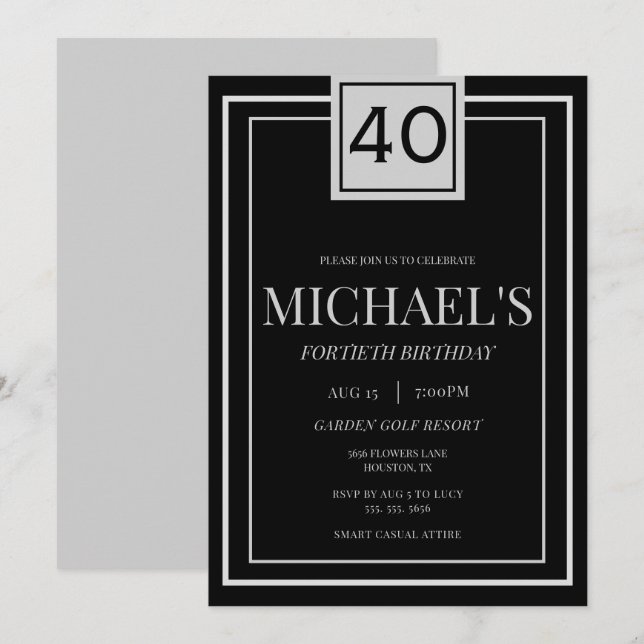 Invitation Modern Masculine Silver & Black 40th Birthday (Devant / Derrière)