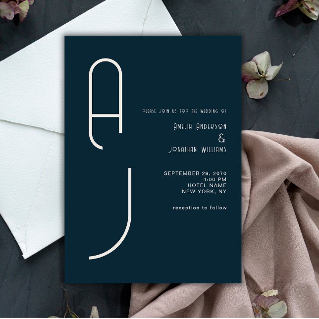 Invitation Modern Matte Monogram Minimal Wedding Navy Blue (Créateur téléchargé)