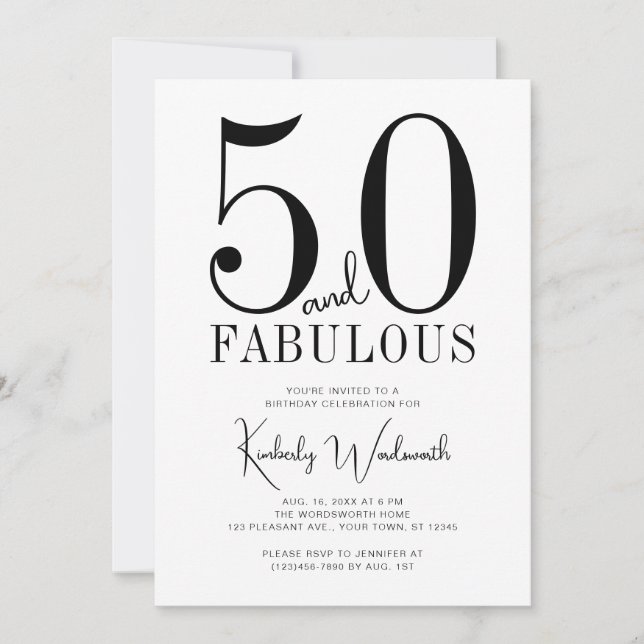 Invitation Modern Minimal Fifty and Fabulous 50th Birthday (Devant)
