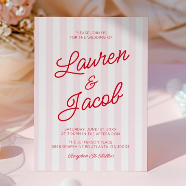 Invitation Modern Minimal Minimalist Red Pink Stripes Wedding (Créateur téléchargé)