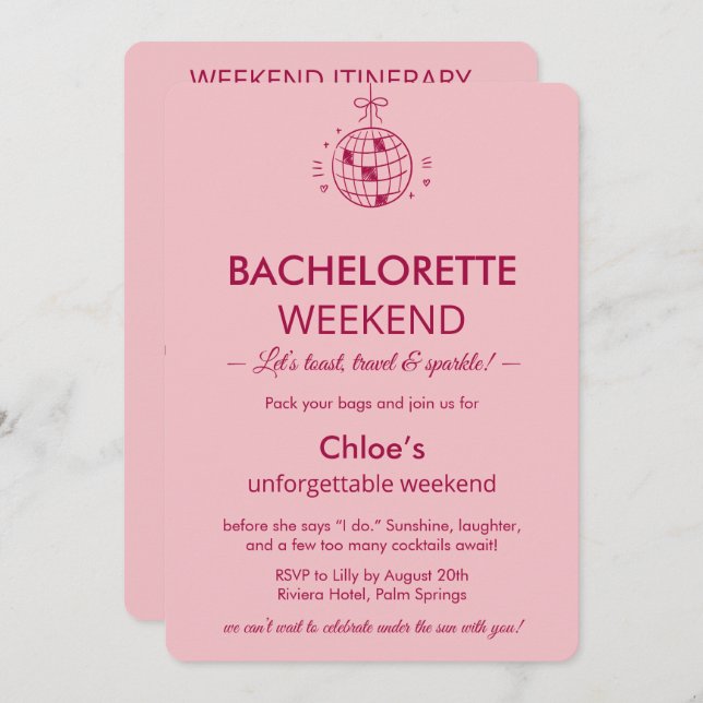 Invitation Modern Minimalist Bachelorette Weekend | Pink  (Devant / Derrière)