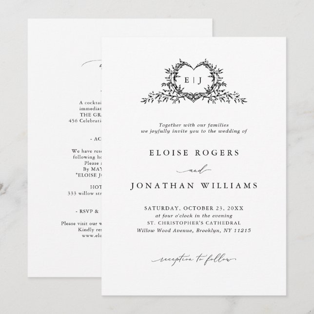 Invitation Modern Minimalist Chic Calligraphy Crest Wedding (Devant / Derrière)