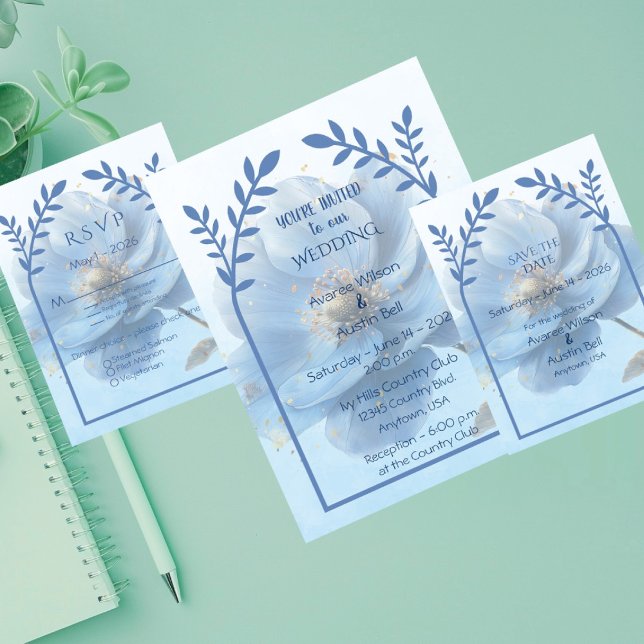 Invitation Modern Minimalist Gold and Blue Poppy Wedding   (Créateur téléchargé)