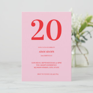 Invitation Modern Minimalist Pink Red 20st Birthday