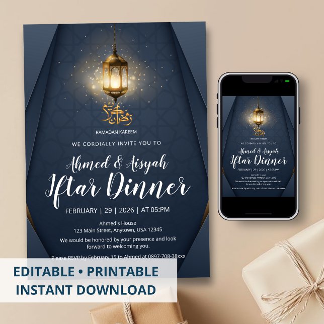 Invitation Modern Navy Blue and Gold Glowing Lantern Iftar (Créateur téléchargé)