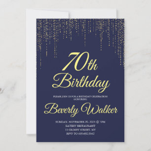 Invitation Modern Navy Blue Gold 70e fête d'anniversaire