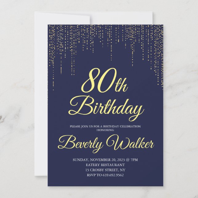 Invitation Modern Navy Blue Gold 80e fête d'anniversaire (Devant)