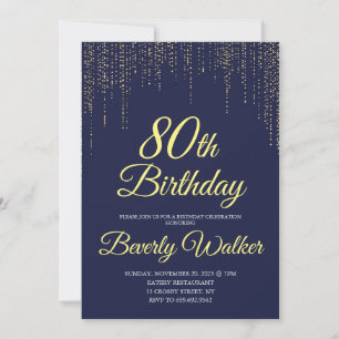 Invitation Modern Navy Blue Gold 80e fête d'anniversaire