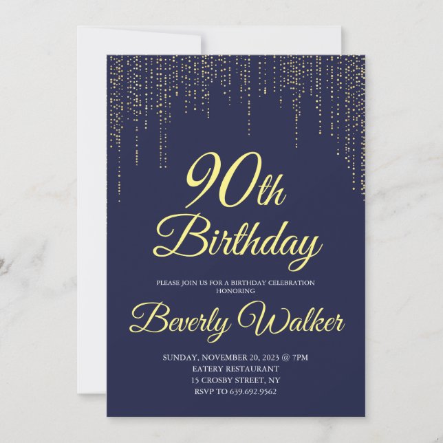 Invitation Modern Navy Blue Gold 90e fête d'anniversaire (Devant)
