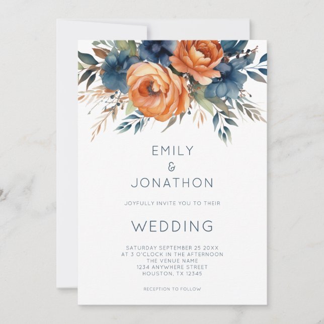 Invitation Modern Navy Burnt Orange Florals QR Code Wedding (Devant)