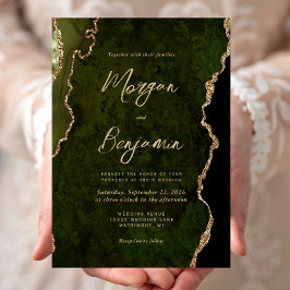 Invitation Modern Olive Green Agate Gold Script Wedding