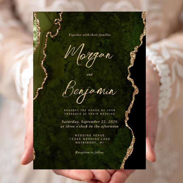 Invitation Modern Olive Green Agate Gold Script Wedding (Créateur téléchargé)