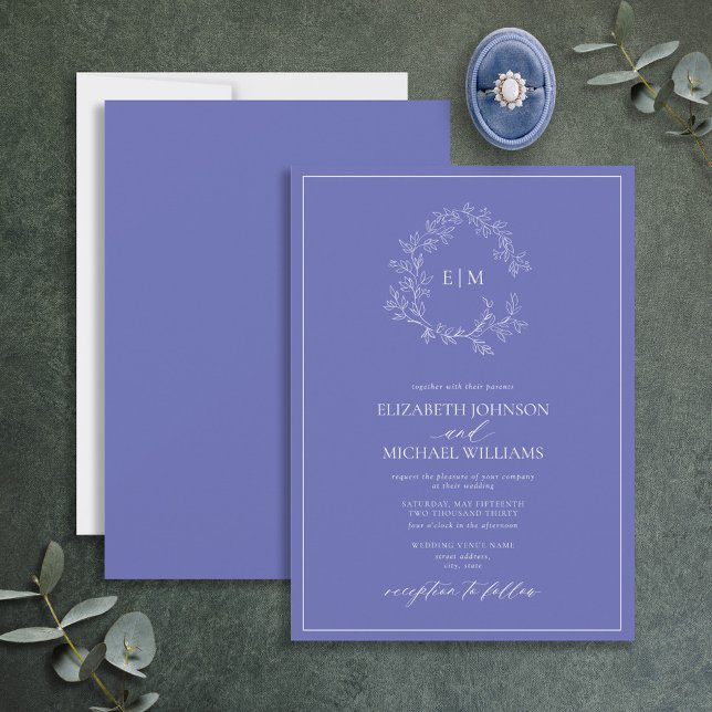 Invitation Modern Periwinkle Leafy Crest Monogram Wedding (Créateur téléchargé)