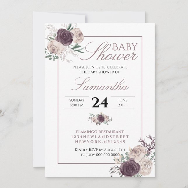 Invitation Modern Pink Blush Elegant Floral baby shower (Devant)