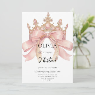 Invitation Modern pink bow and crown birthday party 