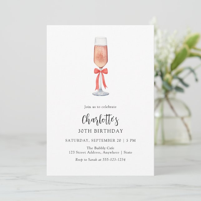 Invitation Modern Pink Champagne Bow Adult Birthday (Debout devant)