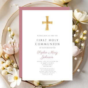 Invitation Modern Pink Cross  Girl Holy Communion