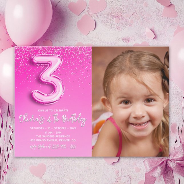 Invitation Modern Pink Glitter Balloon 3rd Birthday Photo  (Créateur téléchargé)