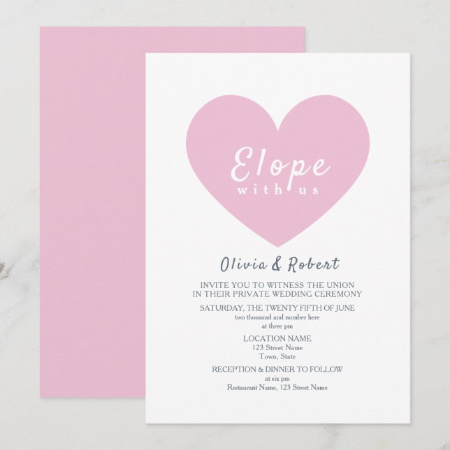 Invitation Modern Pink Heart Elopement Wedding (Devant / Derrière)