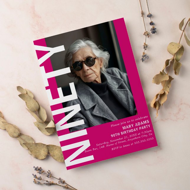 Invitation Modern Pink NINETY Photo 90th Birthday Party (Créateur téléchargé)