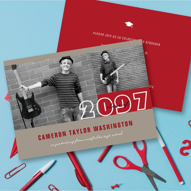 Invitation Modern Red 2 Blocs photo Simple Graduation Party (Modern Red 2 Photo Blocks Simple Graduation Announcement & Party Invitation @ fatfatin)
