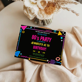 Invitation Modern Retro Neon 80's Birthday Party