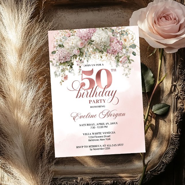 Invitation Modern Rose Gold Blush Flowers 50th Birthday   (Modern Rose Gold Blush Flowers 50th Birthday Invite)