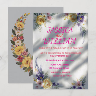 Invitation Modern Rustic Watercolor Yellow Rose & Lavender We