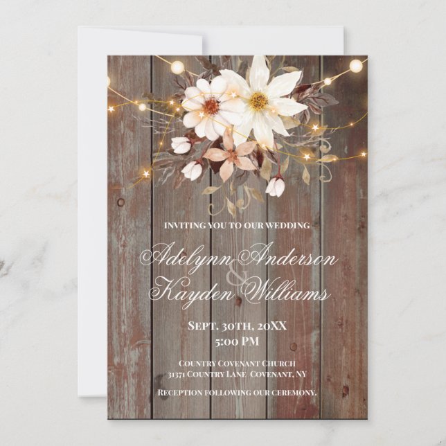 Invitation Modern Rustic Wood Floral Lights Wedding  (Devant)