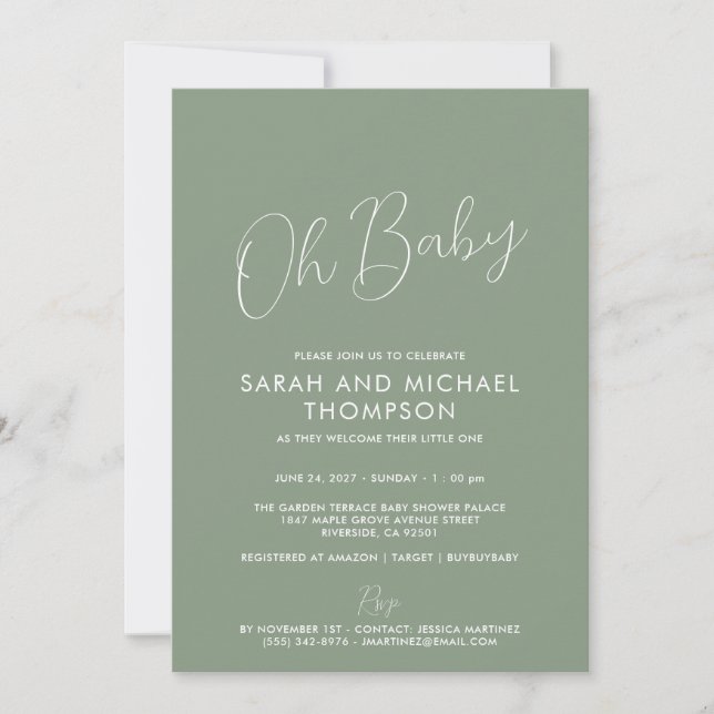 Invitation Modern Sage Green Baby Shower Elegant Script (Devant)