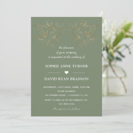 Invitation Modern Sage Green Gold Line Art Flowers Wedding