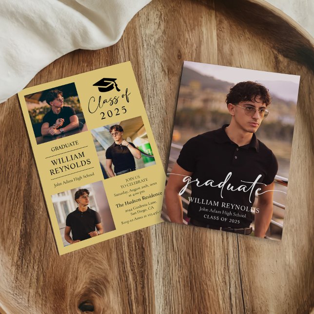 Invitation Modern Script 4 Photo Collage Party Graduation (Créateur téléchargé)