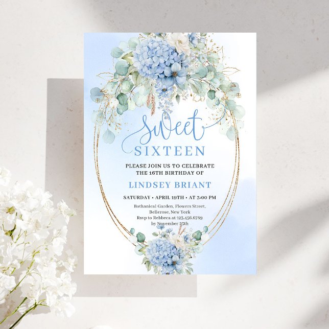 Invitation Modern Script Blue Hydrangeas Sweet Sixteen Invite (Modern Script Blue Hydrangeas Sweet Sixteen Invitation)