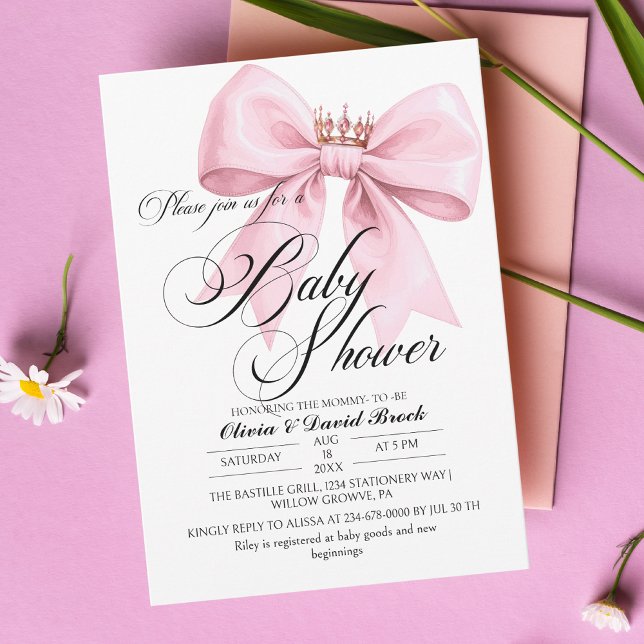 Invitation Modern Script Bow Pink Baby Shower (Créateur téléchargé)