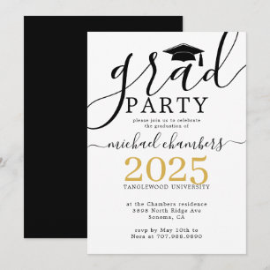 Invitation Modern Script Gold Black Graduation Party Invitati