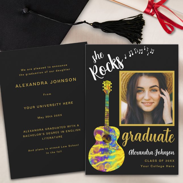 Invitation Modern Script Graduate Photo Psychedelic Guitare (Fun modern graduate photo black and gold script graduation announcement card with Funky guitar music)